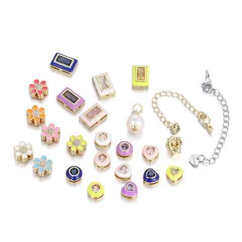 DIY Copper Jewelry Findings Beads Hearts Flowers Extension Chains Enamel Rhinestone Inlaid Charms For Jewelry Making
