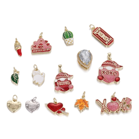DIY Enamel Copper Heart XOXO Pendant Charm For Jewelry Making Valentine Gift Romantic Cactus Maple Leaf Women Accessories