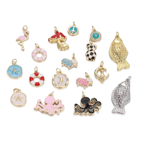 Fashion Copper Enamel Animal Pendant Drip Oil Mushroom Flamingo Octopus Starfish Cat Bear Evil Eye Jewelry DIY Charms