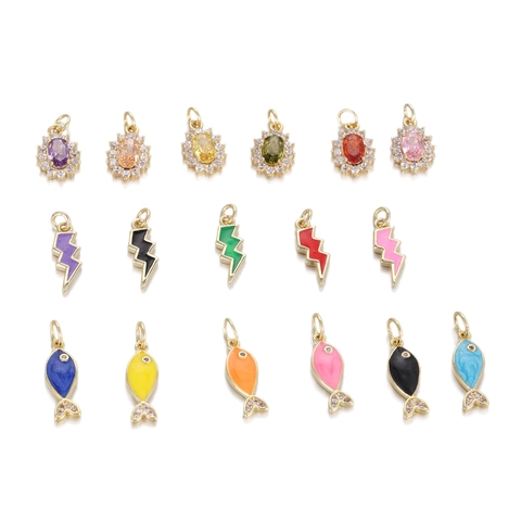 Mode Koper Zirkonia Hanger Charm DIY Sieraden Maken Kleurrijke Emaille Vis Bliksem Bloem Vorm Vrouwen Ketting Hanger