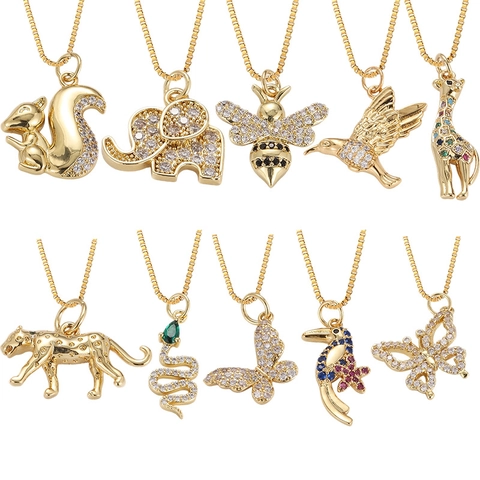 Vintage 14K Gold Plated Copper Animal Pendant Necklace With Colorful Rhinestones Leopard Butterfly Elephant Women Jewelry