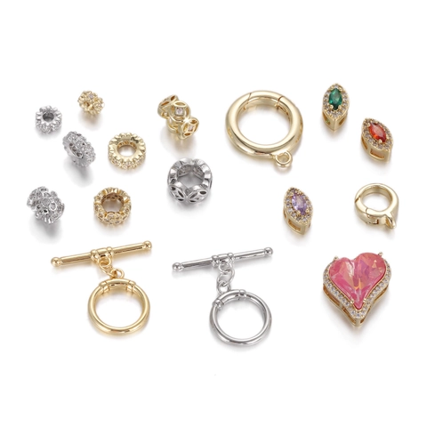 Ciondoli in Rame Placcato Oro 14K Zirconia Cuore Fiore Moneta Distanziatori Anello a Molla Chiusura OT Accessori Gioielli Fai da Te
