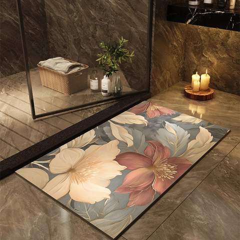 Tapis de Bain Absorbant en Terre de Diatomée Moderne Motif Floral Géométrique Antidérapant pour Salle de Bain Entrée