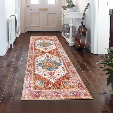 Alfombra de Pasillo Estilo Bohemio Persa Vintage Antideslizante Lavable de Poliéster para Entrada Dormitorio Decoración