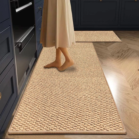 Ensemble Tapis de Cuisine Aspect Sisal Minimaliste Imperméable Antidérapant Polyester pour Entrée Salle de Bain Anti Taches