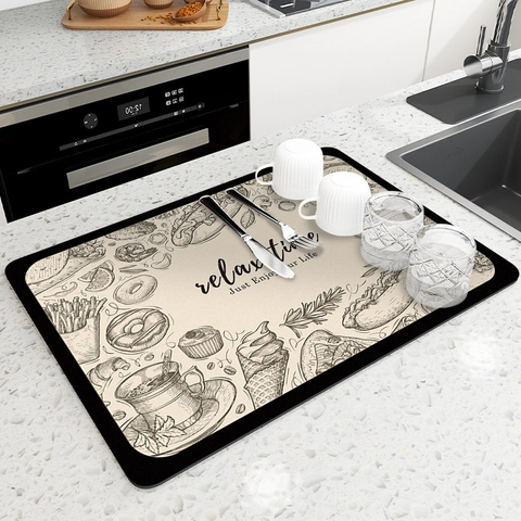 Tapete de Drenaje Cocina Retro Americano Súper Absorbente Tierra de Diatomeas Antideslizante para Encimera de Cocina