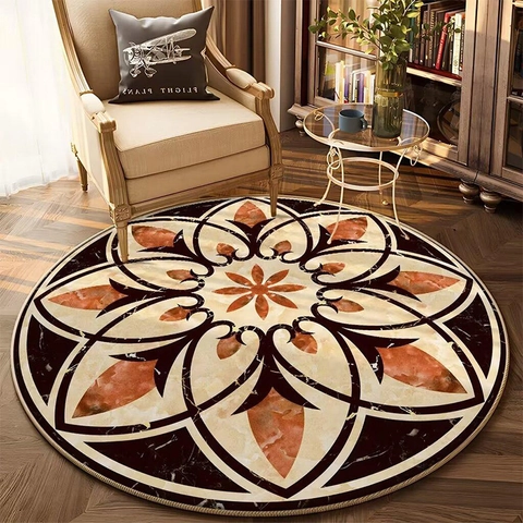 Alfombra Redonda Retro Estilo Europeo Para Sala De Estar Dormitorio Patrón De Mandala Alfombra Antideslizante De Terciopelo De Cristal