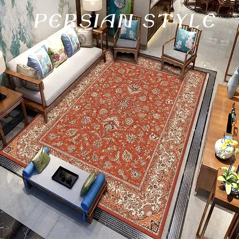Persian Style Bohemian Living Room Area Rug Retro Floral Pattern Polyester Non-Slip Washable Indoor Decorative Floor Mat