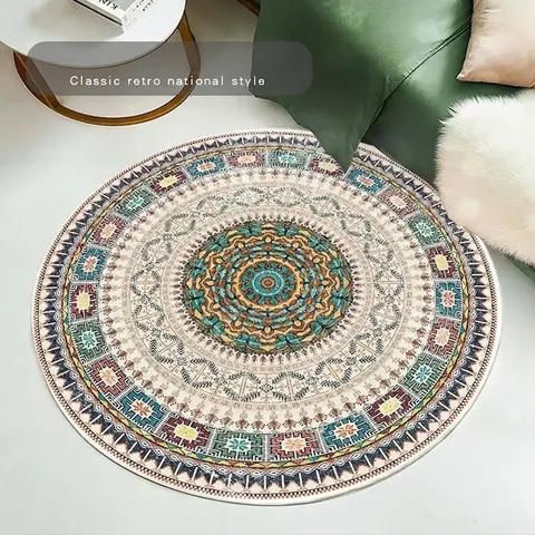 Tappeto Rotondo Mandala Bohemien in Velluto di Cristallo Antiscivolo Stile Persiano Vintage per Soggiorno Camera da Letto Decorazioni Casa