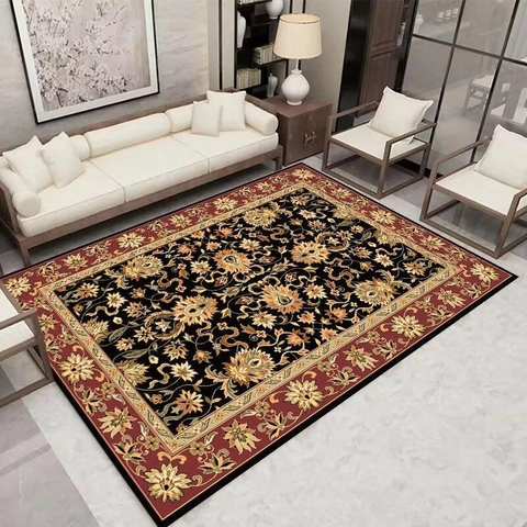 Persian Style Bohemian Living Room Area Rug Retro Floral Pattern Polyester Non-Slip Washable Indoor Decorative Floor Mat