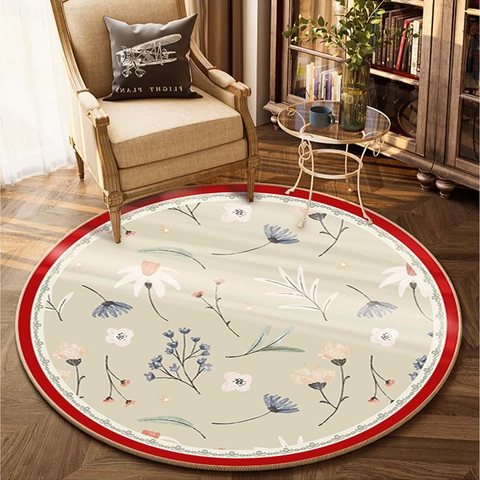 Vintage American Floral Round Carpet Polyester Non-Slip Area Rug For Living Room Bedroom Pastoral Style Home Decoration
