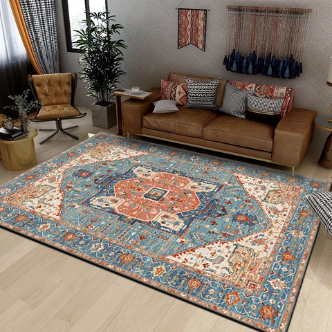 Tapis Persan Bohémien Vintage Imprimé en Polyester Antidérapant Lavable Ethnique Géométrique pour Salon Chambre Décoration de Maison