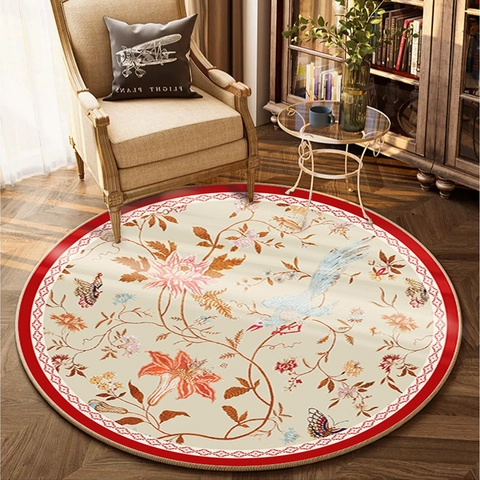 Vintage American Floral Round Carpet Polyester Non-Slip Area Rug For Living Room Bedroom Pastoral Style Home Decoration