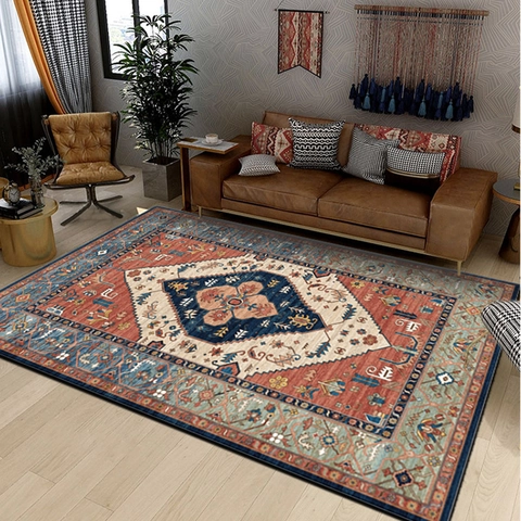 Tapis Persan Bohémien Vintage Imprimé en Polyester Antidérapant Lavable Ethnique Géométrique pour Salon Chambre Décoration de Maison