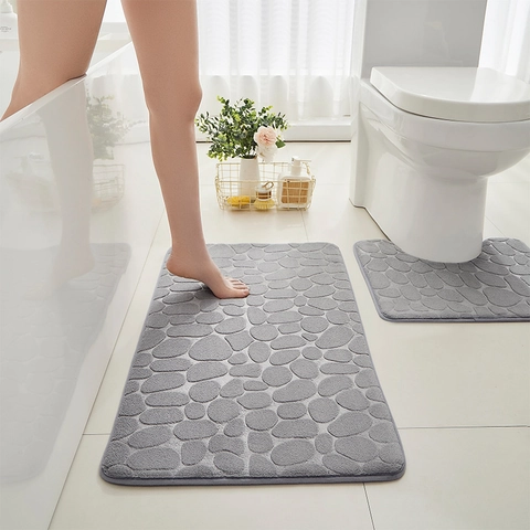 Cobblestone Embossed Bathroom Mat U-Shaped Toilet Rug And Rectangular Floor Mat Non-Slip Absorbent Polyester Modern Minimalist Bath Rug