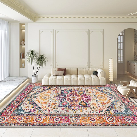 Bohemian Ethnic Area Rug Polyester Printed Retro Persian Floral Pattern Large Rectangle Decorative Living Room Bedroom Floor Mat
