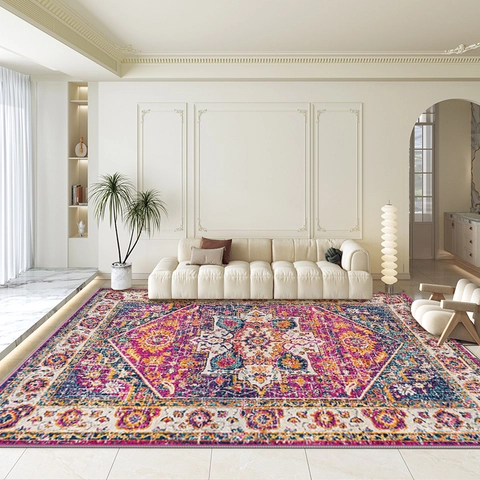 Bohemian Ethnic Area Rug Polyester Printed Retro Persian Floral Pattern Large Rectangle Decorative Living Room Bedroom Floor Mat