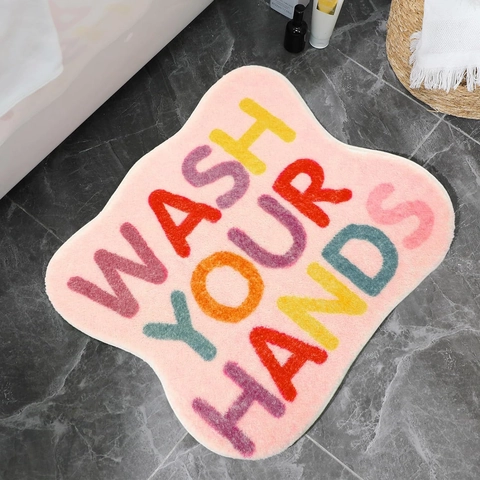 Paillasson de Salle de Bain Irrégulier Imitation Cachemire Wash Your Hands Imprimé Lettres Antidérapant Absorbant Décoration
