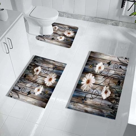 Set Tappeti Bagno in Farina Fossile Assorbente Asciugatura Rapida Antiscivolo Tappeto WC a U Motivo Floreale Geometrico Marmo