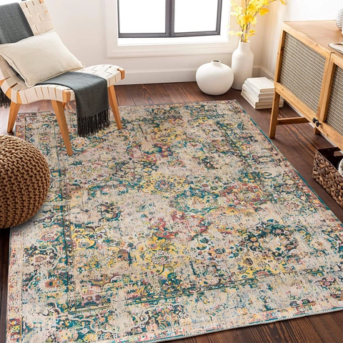 Vintage Bohemian Area Rug Distressed Persian Floral Geometric Print Non-Slip Washable Large Carpet For Living Room Bedroom Home Decor