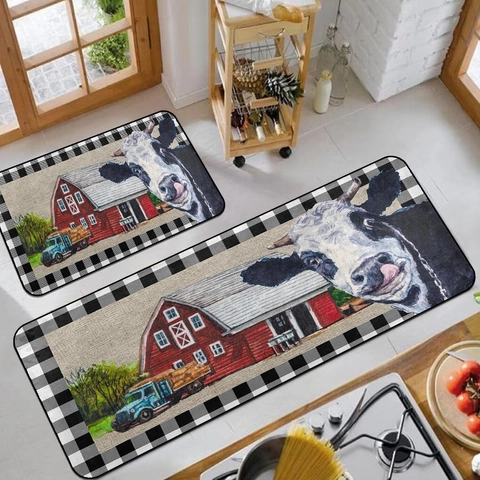 Rustic Farmhouse Cow Sunflower Print Kitchen Mat Runner Set Non-slip Washable Floor Rug For Kitchen Entrance Home Decor