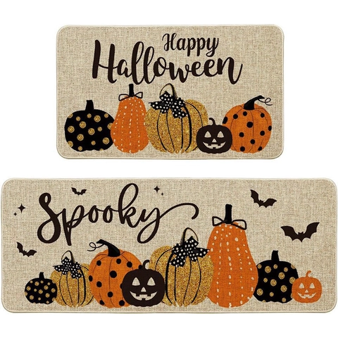 Halloween Thanksgiving Kitchen Mat Set Non-Slip Washable Autumn Pumpkin Gnome Decor Crystal Velvet Floor Rug For Entryway Kitchen