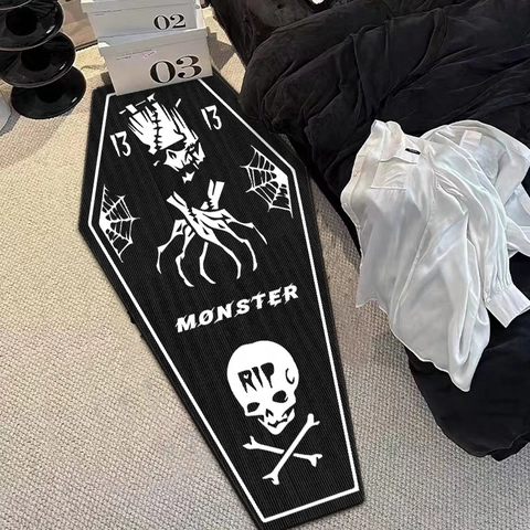 Coffin Shaped Gothic Rug Black White Skeleton Reaper Pattern Crystal Velvet Non Slip Floor Mat For Halloween Bedroom Home Decor