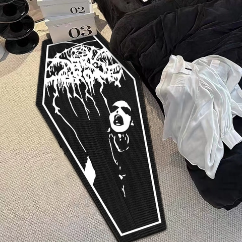 Coffin Shaped Gothic Rug Black White Skeleton Reaper Pattern Crystal Velvet Non Slip Floor Mat For Halloween Bedroom Home Decor