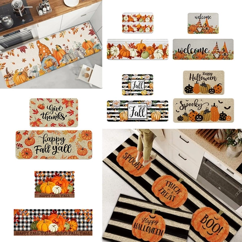 Halloween Thanksgiving Kitchen Mat Set Non-Slip Washable Autumn Pumpkin Gnome Decor Crystal Velvet Floor Rug For Entryway Kitchen