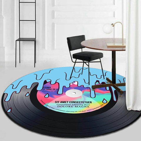 Retro Vinyl Record Round Area Rug Creative Music Theme Non-Slip Polyester Crystal Velvet Carpet For Living Room Bedroom Decor