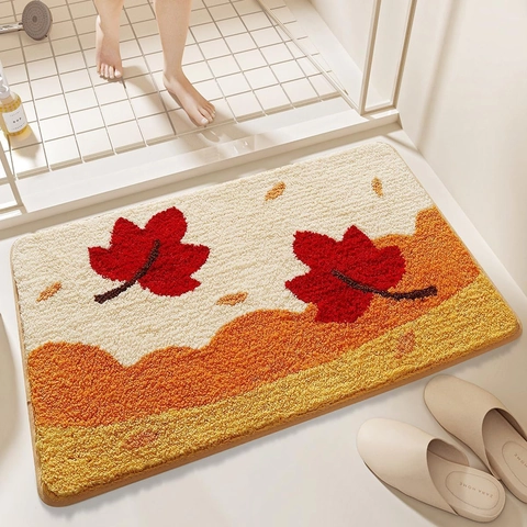 Tapis de Bain en Faux Cachemire Art Abstrait Antidérapant Absorbant Tapis de Sol Moderne Botanique Feuille Érable Ginkgo Entrée