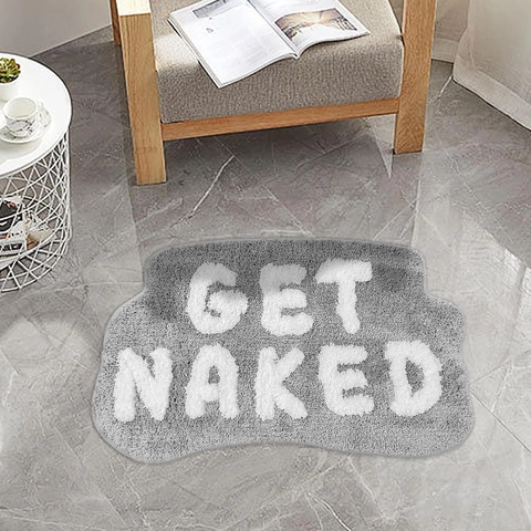 Tapis de Bain Get Naked Imprimé Lettres Forme Irrégulière Absorbant Antidérapant Imitation Cachemire Doux pour Salle de Douche