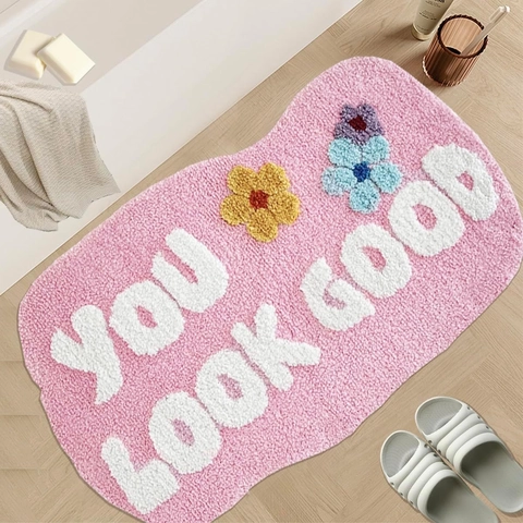Alfombrilla de Baño Irregular de Imitación Cachemira Absorbente Antideslizante para Baño Entrada Estampado Floral con Letras Decoración