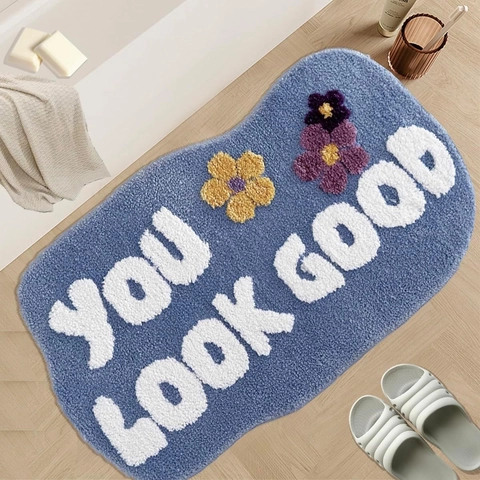 Alfombrilla de Baño Irregular de Imitación Cachemira Absorbente Antideslizante para Baño Entrada Estampado Floral con Letras Decoración
