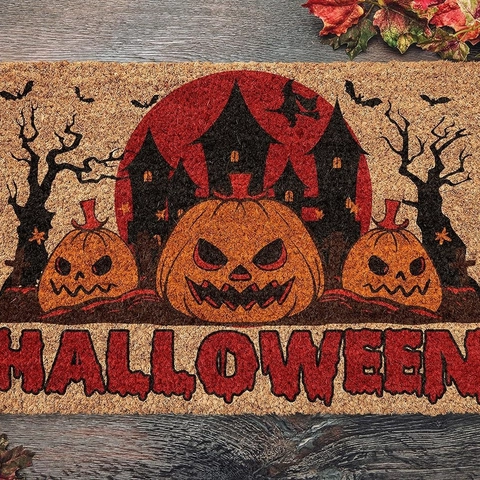 Felpudo Decorativo de Halloween Alfombra de Entrada Antideslizante Para Dormitorio Patrón Bruja Murciélago Calabaza Casa
