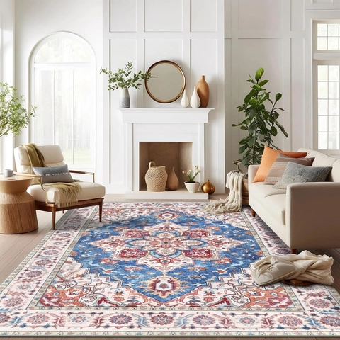 Alfombra Persa Vintage Estilo Bohemio Patrón Medallón Desgastado Poliéster Estampado Antideslizante Sala Dormitorio Alfombra