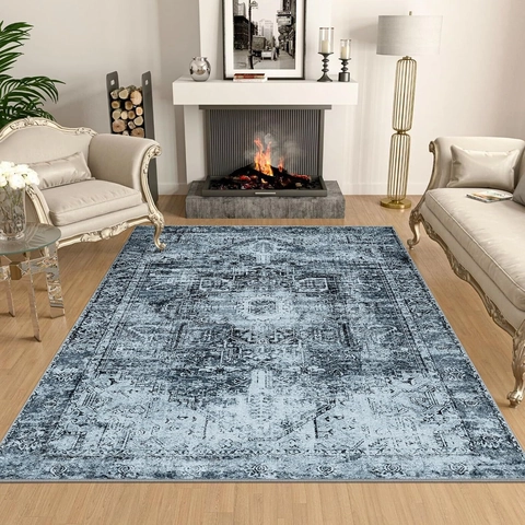 Alfombra Persa Vintage Estilo Bohemio Patrón Medallón Desgastado Poliéster Estampado Antideslizante Sala Dormitorio Alfombra