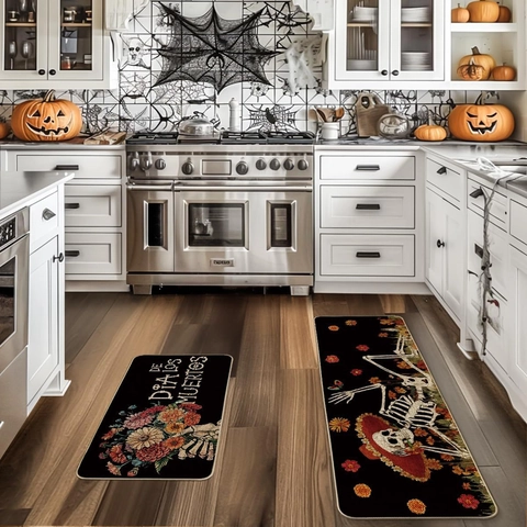 Ensemble de Tapis de Cuisine Tête de Mort Mexicaine Polyester Antidérapant Absorbant Décoration Halloween pour Entrée Maison Bureau