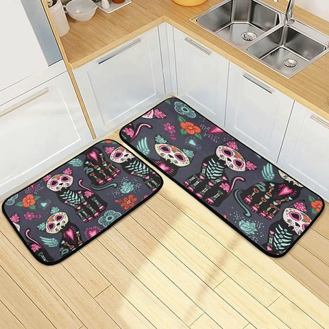 Ensemble de Tapis de Cuisine Tête de Mort Mexicaine Polyester Antidérapant Absorbant Décoration Halloween pour Entrée Maison Bureau