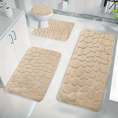 Pebble Embossed Coral Fleece Bathroom Rug Collection Non Slip Absorbent Toilet Mat Lid Cover U-Shaped Rug Floor Door Mat
