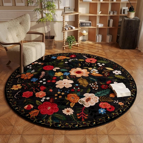 Vintage Floral Round Area Rug Soft Polyester Non-Slip Flower Print Carpet For Living Room Bedroom Pastoral Home Decor Rug
