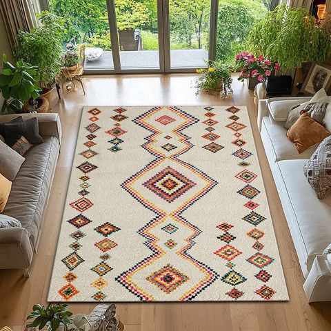 Alfombra Marroquí Vintage para Sala de Estar Patrón Geométrico Bohemio Poliéster Antideslizante Alfombra Decorativa Grande Tapete de Piso