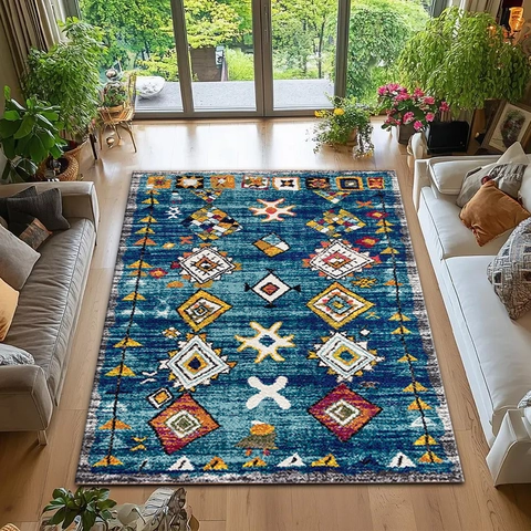 Alfombra Marroquí Vintage para Sala de Estar Patrón Geométrico Bohemio Poliéster Antideslizante Alfombra Decorativa Grande Tapete de Piso