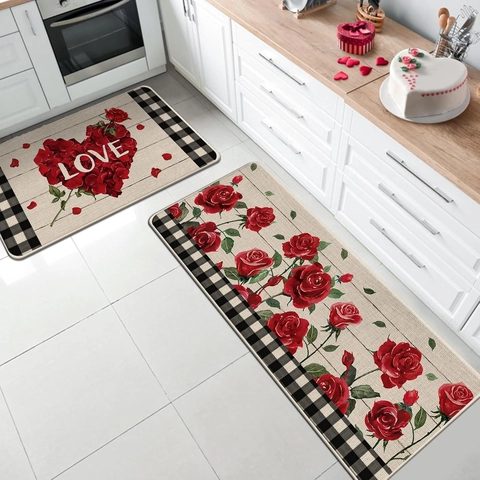 Tappeti per Cucina di San Valentino Tappetini in Poliestere Antiscivolo Gnomo Cartone Animato Cuore Rosa Stampato Lavabile Tappeto Cucina