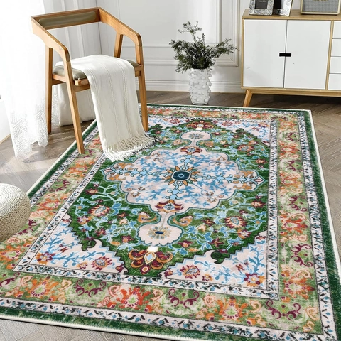 Vintage Bohemian Persian Area Rug Non-Slip Crystal Velvet Medallion Floor Mat Large Decorative Carpet For Living Room Bedroom Home