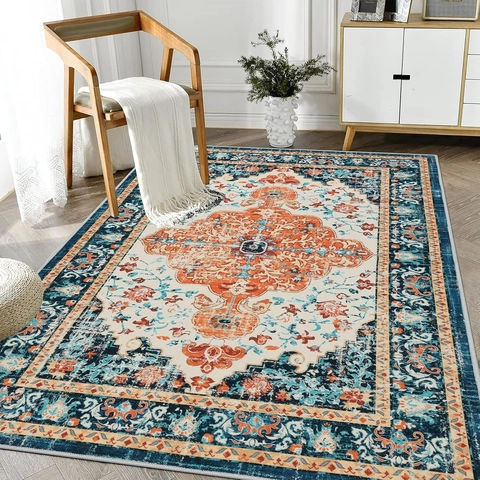 Vintage Bohemian Persian Area Rug Non-Slip Crystal Velvet Medallion Floor Mat Large Decorative Carpet For Living Room Bedroom Home