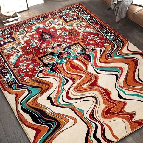 Bohemian Area Rug Modern Geometric Wave Pattern Printed Polyester Non-Slip Large Floor Carpet For Living Room Bedroom Decor