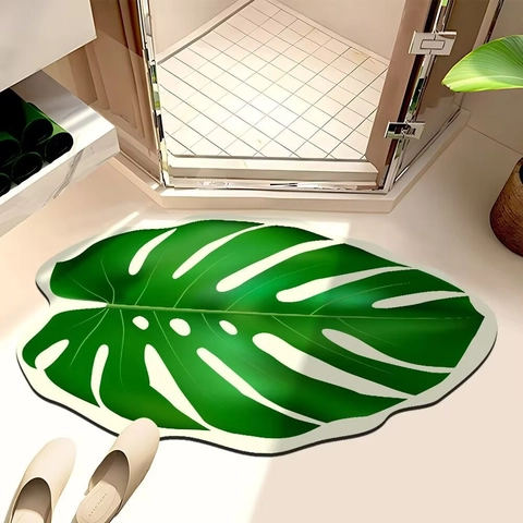 Minimalist Leaf Pattern Diatomaceous Earth Absorbent Bathroom Non Slip Floor Mat Botanical Green Plant Rug
