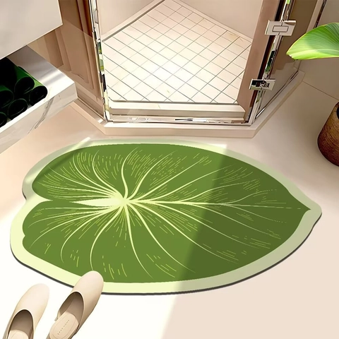 Minimalist Leaf Pattern Diatomaceous Earth Absorbent Bathroom Non Slip Floor Mat Botanical Green Plant Rug
