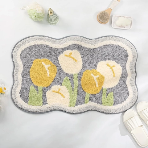 Nordic Floral Pattern Bath Mat Non-Slip Water Absorbent Faux Cashmere Polyester Floor Mat For Bathroom Bedroom Home Decor